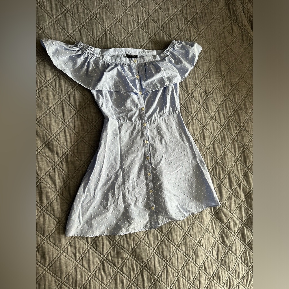 Blue Off the Shoulder Button Down Dress - Picture 9 of 11